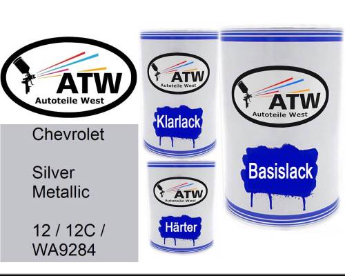 Chevrolet, Silver Metallic, 12 / 12C / WA9284: 500ml Lackdose + 500ml Klarlack + 250ml Härter - Set, von ATW Autoteile West.